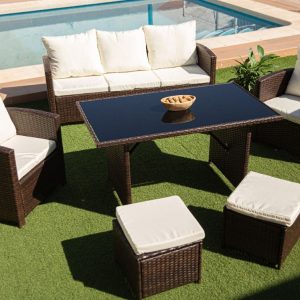 Sofa + Mesa + 2 Sillones+ 2 pufs de Ratan PE. Muebles de Jardin y Terraza